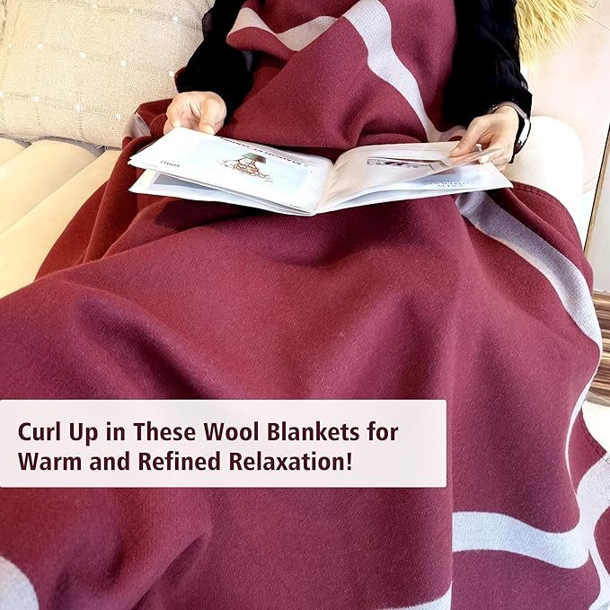 Wool Blanket & Throws 90% Wool Warm Blanket Soft Couch Blankets 75"x55" Twin Throw Blankets for Living Room, Camping, Outdoors, or Car Travel with Exquisite Box for Gift (Maroon)