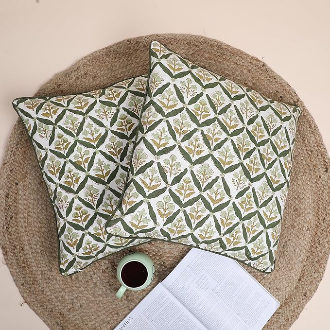SheetKart Pure Cotton Throw Pillow Covers - Set of 2 - Hand Block Pure Cotton Printed Boho Decorative Pillow Covers - Cushion Covers for Living Room, Bohemian Theme, 16 x 16 Inches, Sagewood Olive