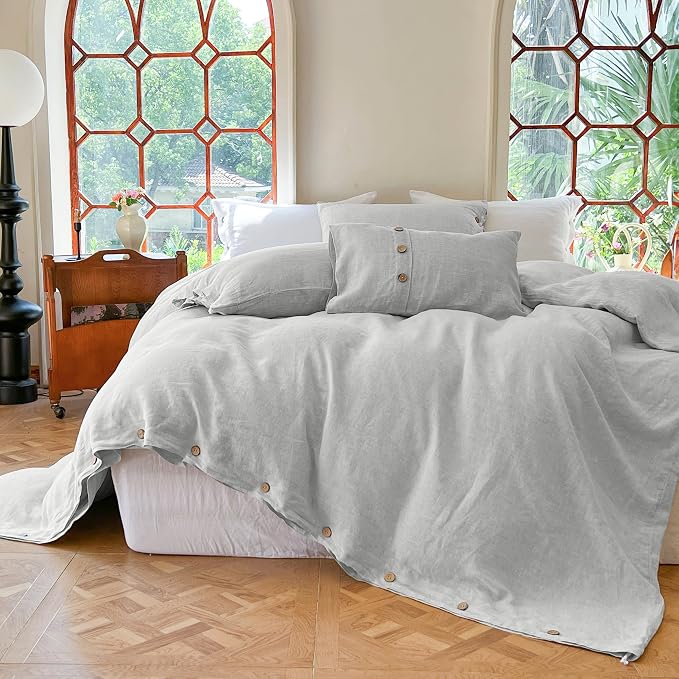 Simple&Opulence 100% Linen Duvet Cover Set 3pcs with Coconut Button Closure Natural French Washed Flax Solid Color Soft Breathable Farmhouse Bedding - Light Grey, King Size