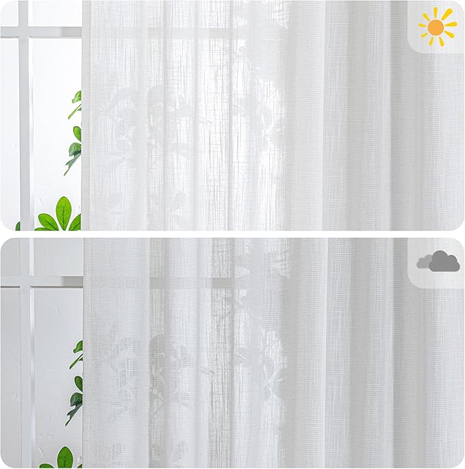 MYSKY HOME Natural Linen White Curtains 84 Inches Long, Semi Sheer Soft Cotton Window Drapes Set for Living Room Back Tab Elegant Cute Look Country Bedroom Curtains, Beige White, 100" x 84", Pack-1