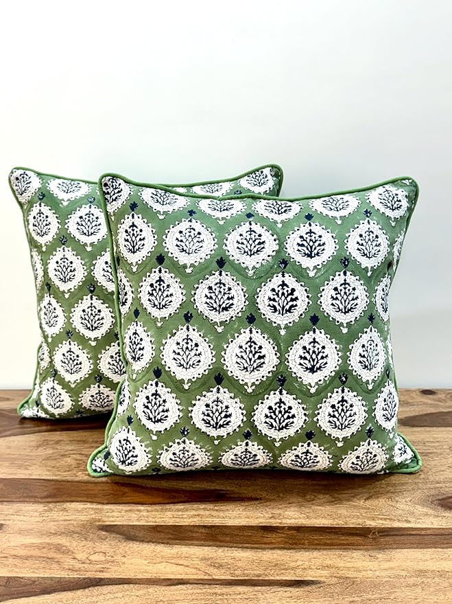 ATOSII Block Print Throw Pillow Covers, 18 X 18 - Set of 2, Decorative Couch Pillows for Living Room Bed Sofa, 100% Cotton Canvas Pillow Case for Home Decor & Outdoors, Preppy Throws - Kari Green