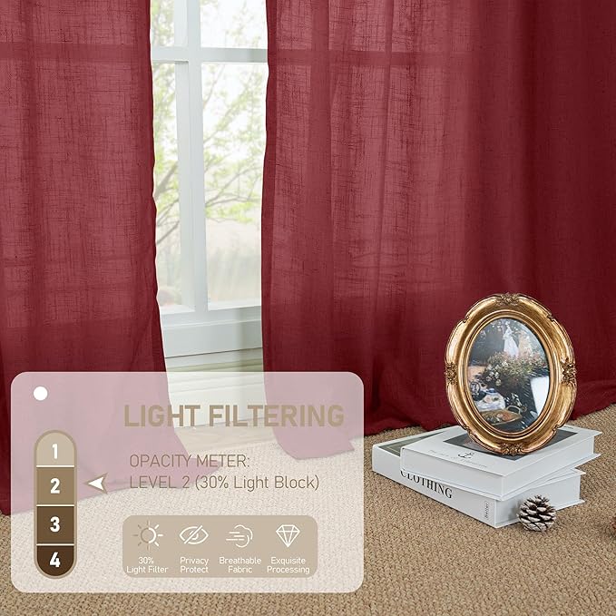 LAMIT Semi Sheer Linen Curtains 45 Inches Long, Light Filtering Panels Back Tab and Rod Pocket Christmas Decor Drapes for Farmhouse/Window/Bedroom, Burgundy Red, 2 Panels, 52 x 45 Inch
