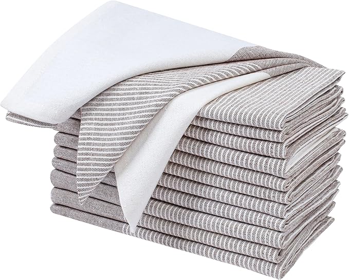 Ramanta Home Cloth Napkins Set of 12 18x18 Inches - Spring Basket Decor Block Striped Dinner Napkins for Easter Farmhouse Wedding, Washable Soft Cotton Durable Table Linen -Everyday Use - Nut Brown