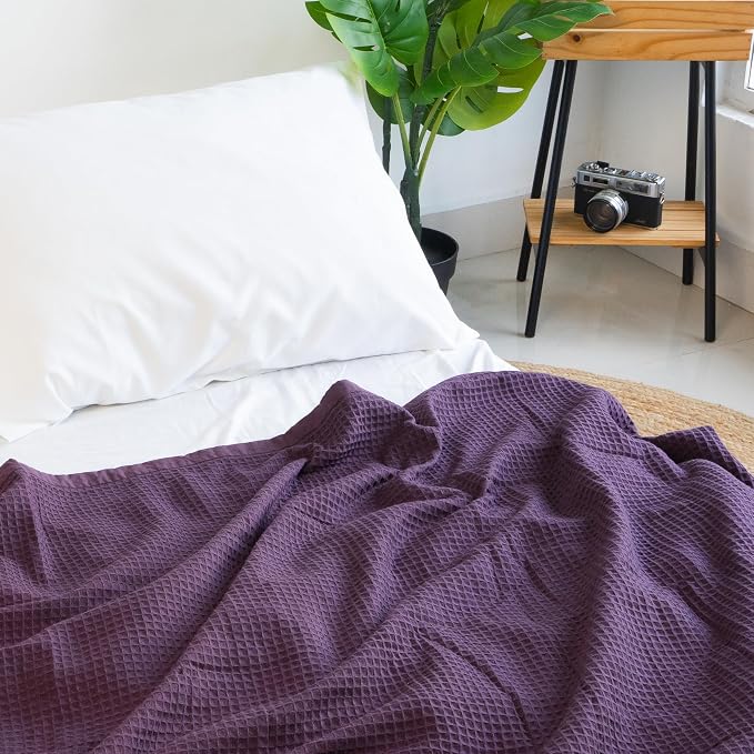 Salt Earth GOTS Certified 100% Organic Cotton Throw Blanket, 108"X90" Blankets & Throws for Bed, Throw Blanket for Couch,Modern & Cozy Blanket, All Season Waffle Blanket, Soft Blanket (Plum Perfect)
