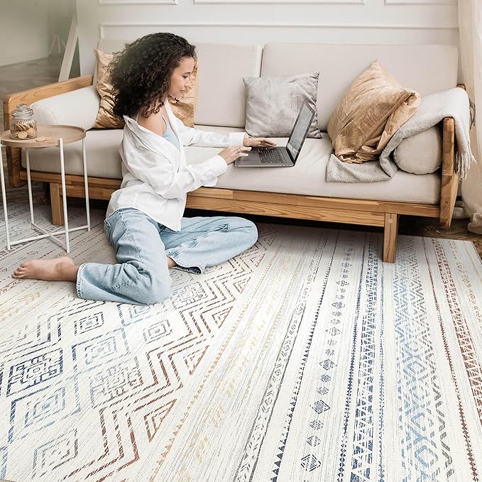 Tortania Area Rug Living Room Rugs- 9x12 Washable Large Soft Neutral Boho Moroccan Bohemian Farmhouse Rug Indoor Floor Carpet for Bedroom Under Dining Table Home Office Decor - Multicolor