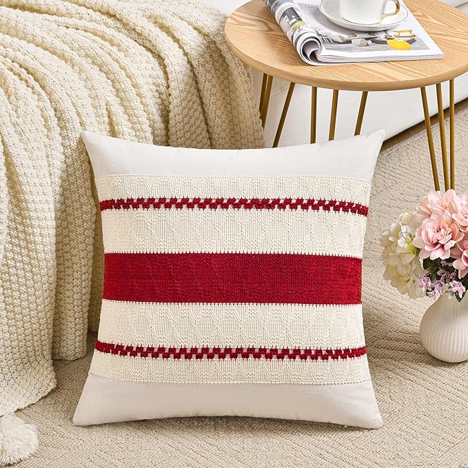 Fancy Homi Set of 1 Boho Red Decorative Throw Pillow Cover 18x18 Inch for Couch Bed Sofa, Aesthetic Modern Organic Farmhouse Home Decor, Soft Cotton Cute Accent Macrame Woven Cushion Case