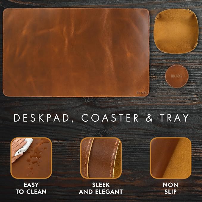 Elizo Real Leather Desk Mat Set (24X14) Large Desk Cover Desk Blotter Protector Computer Gaming Mouse Pad Table Laptop Office Desktop Accessories Antique