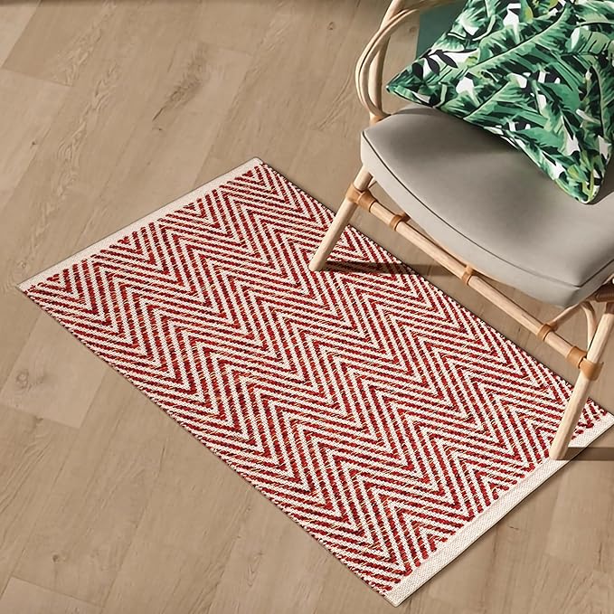 Cotton Chevron Hand Woven Area Rug 2x3 Feet - Red, Accent Soft Decorative Reversible Floor Throw Carpet Ideal for Entryway, Kitchen, Nursery | Small Durable Farmhouse Washable Home Space Décor Mat