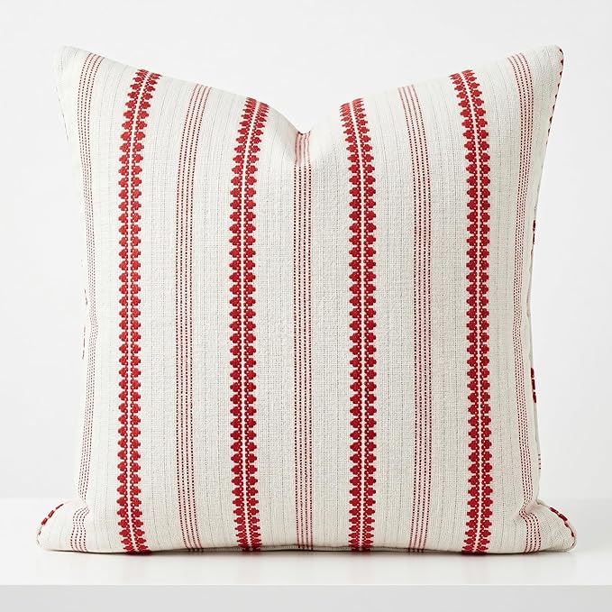 SanVia Cotton Throw Pillow Covers 20x20 – Handwoven Jacquard Texture, Fade-Resistant, No Pilling – Hidden Zipper, Decorative Cushion Cover for Sofa, Couch, Bed – Insert Not Included (Striped, White)