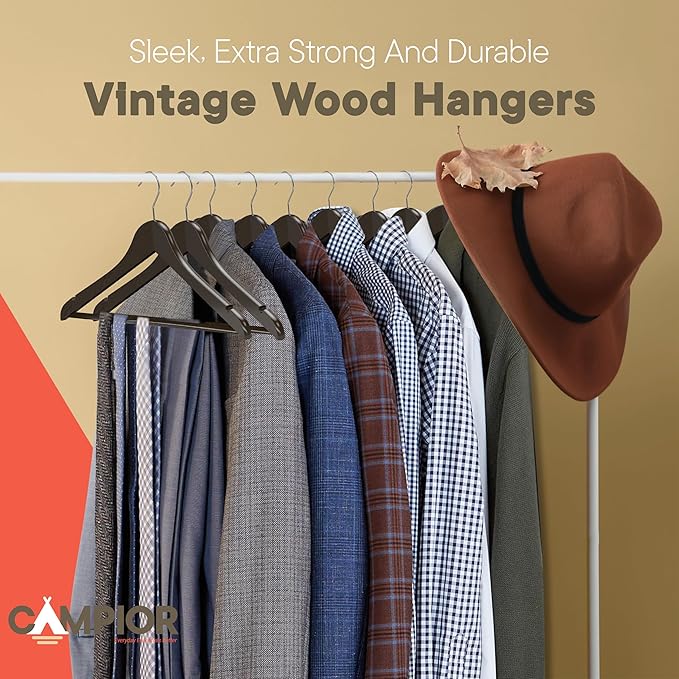 Vintage Wooden Hangers 30 Pack – Heavy-Duty with 360° Swivel Hook, Non-Slip, Pants Bar & Shoulder Grooves - Wooden Hangers for Suits, Jackets, Dresses & Camisoles, Space-Saving and Smooth Finish