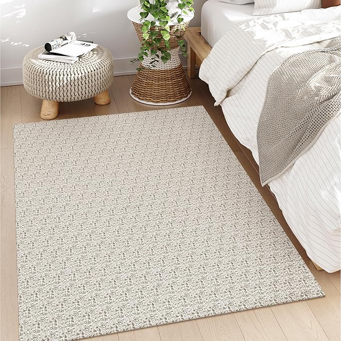 Collive Area Rugs 4x6, Farmhouse Machine Washable Living Room Rug Boho Woven Cotton Bedroom Rugs, Tan Modern Dining Room Rug Non Slip Indoor Carpet for Nursery Bedside Entryway Office