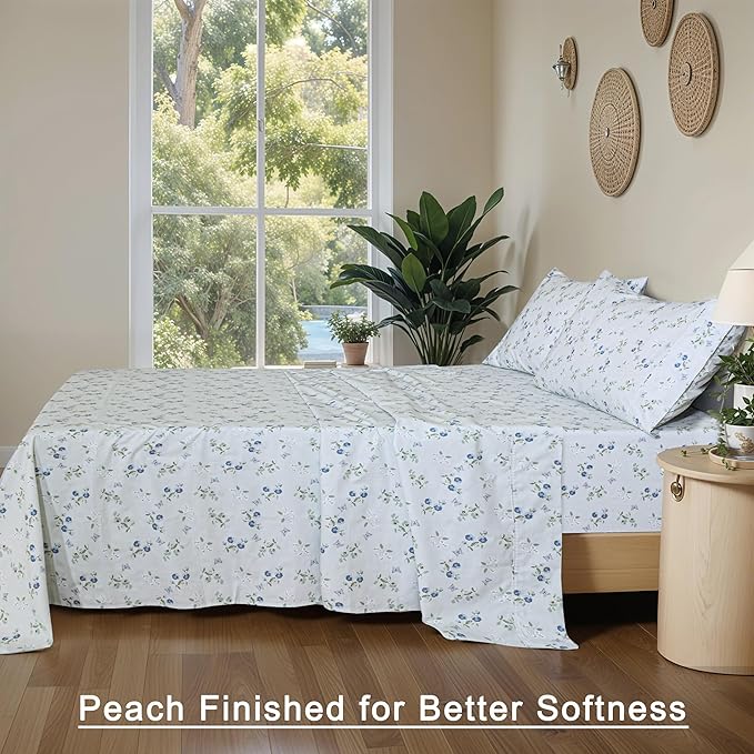 RUVANTI 100% Cotton Organic Percale Sheets Full Size – Crisp Cooling Bed Sheets for Hot Sleepers, Deep Pocket 15”, Soft Peach Finish, Breathable & Durable Hotel-Style 4 Pcs, Butter Flight