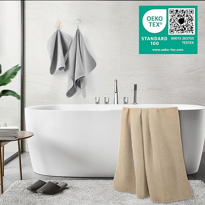 POLYTE 430 GSM Microfiber Quick Dry Lint Free Oversize Bath Towel Set, 6 Piece (Waffle Weave)