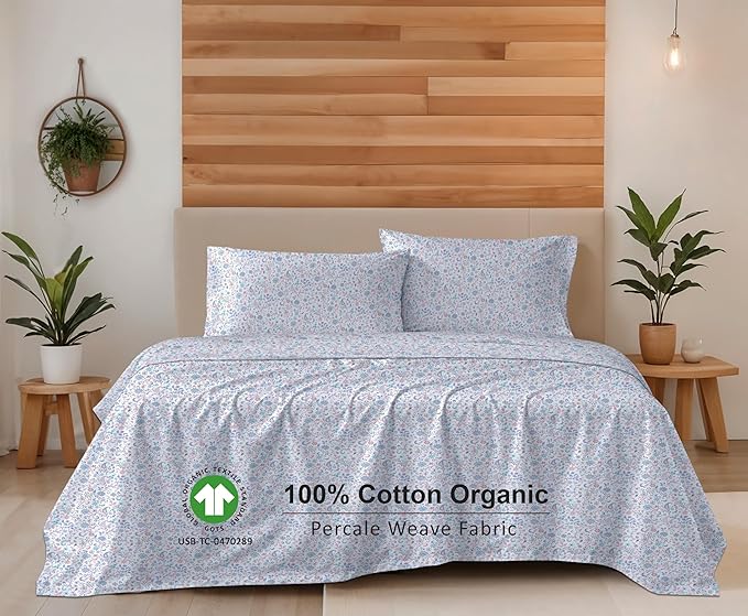 RUVANTI 100% Cotton Organic Percale Sheets Queen Size – Crisp Cooling Bed Sheets for Hot Sleepers, Deep Pocket 15”, Soft Peach Finish, Breathable & Durable Hotel-Style 4 Pcs, Multi Paisley