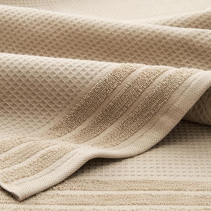 Town & Country Basics 4-Piece Waffle Woven Terry Stripe Bath Towel Set, 30x56-Inch, 100% Cotton, Quick Dry, Taupe