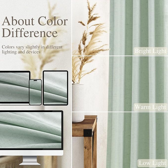 Nanspring Aqua Green Linen Curtains 84 Inch Length 2 Panels Set for Living Room Rod Pocket Back Tab Light Filtering Window Drapes for Bedroom Dining Room Protect Privacy Modern Farmhouse Decor 52x84