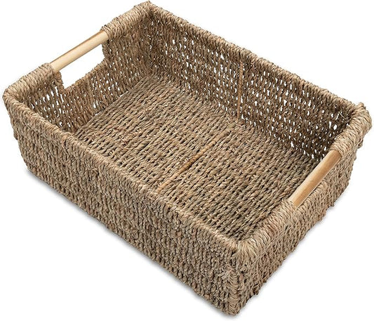 Large Natural Wicker Basket Rectangular with Wooden Handles, Seagrass Storage for Organizing, Shelves 15.5 x 10.6 x 5.5 inches