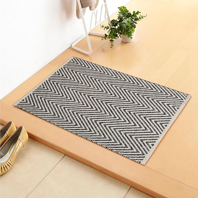 Cotton Chevron Hand Woven Area Rug 2x3 Feet - Charocoal, Accent Soft Decorative Reversible Floor Throw Carpet Ideal for Entryway, Kitchen, Nursery | Grey Small Farmhouse Washable Home Space Décor Mat