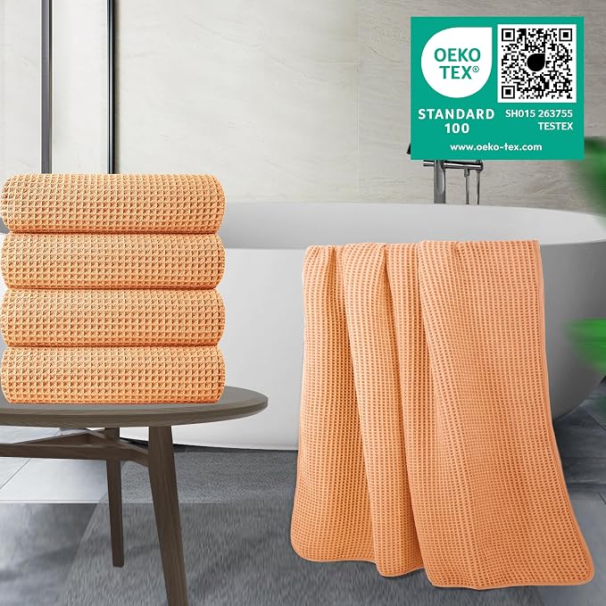 POLYTE 430 GSM Microfiber Oversize Quick Dry Lint Free Bath Towel, 60 x 30 in, 4 Pack (Waffle Weave)