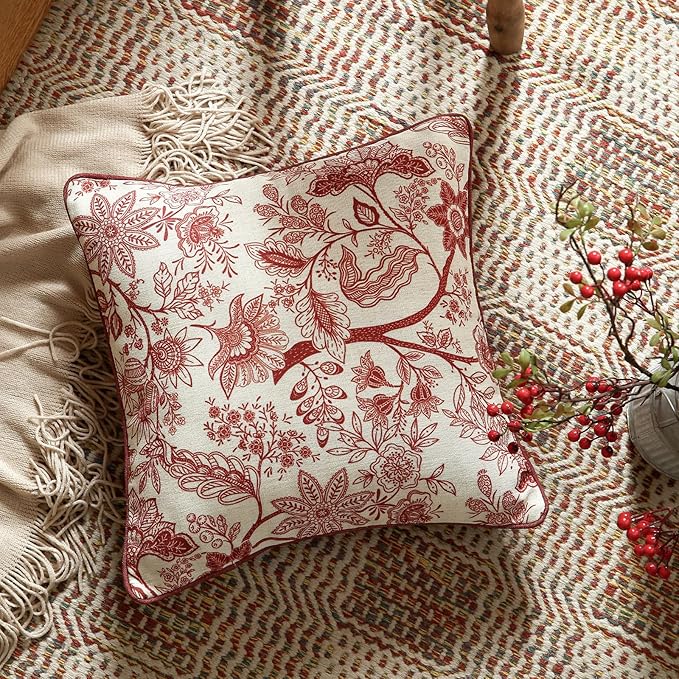 ISAENNE Design Linen Square Throw Pillow Covers 18"x18" Pack of 2, French Country Cushion Covers with Red Toile de Jouy Floral Pattern Decoration Pillowcases for Bed, Living Room, Outdoor, Car