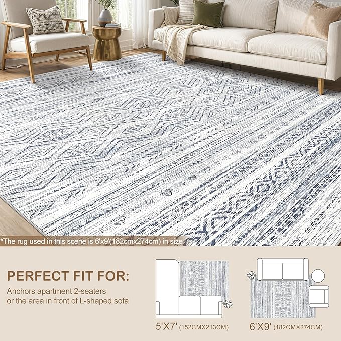 Tortania Area Rug Living Room Rugs- 5x7 Washable Large Soft Neutral Boho Moroccan Bohemian Farmhouse Rug Indoor Floor Carpet for Bedroom Under Dining Table Home Office Decor - Dark Blue