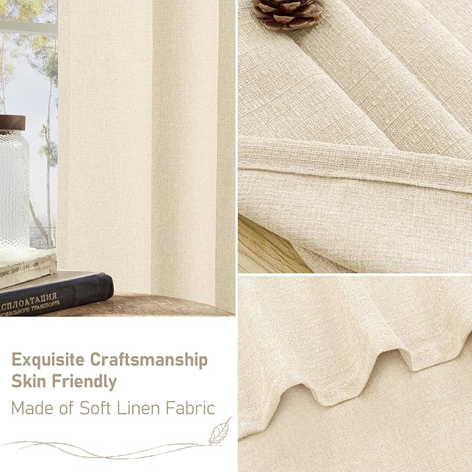 LAMIT Light Beige Linen Curtains for Living Room 84 inch Length 2 Panels, Linen Textured Thermal Insulated Curtains Burlap Privacy Grommet Drapes for Bedroom/Farmhouse, 2 Panels, W52 x L84
