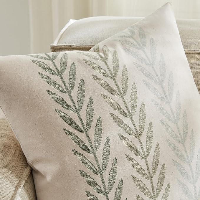 100% Cotton Farmhouse Leaves Throw Pillow Covers Set of 2, 16x16 Inch Mixed Green Pastoral Decorative Print Cushion Covers for Sofa Bed Living Room Home Decor