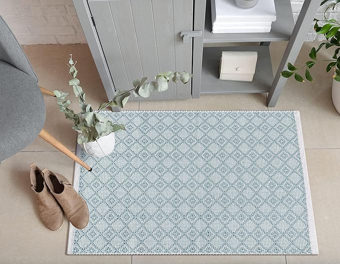 Cotton Diamond Woven Area Rug 2x3 Feet - Spa Grey, Anti Slip Decorative Durable Boho Front Door Throw Mats Ideal for Entryway, Kitchen, Office | Teal Farmhouse Indoor Daily Use Patio Rugs for Bedroom