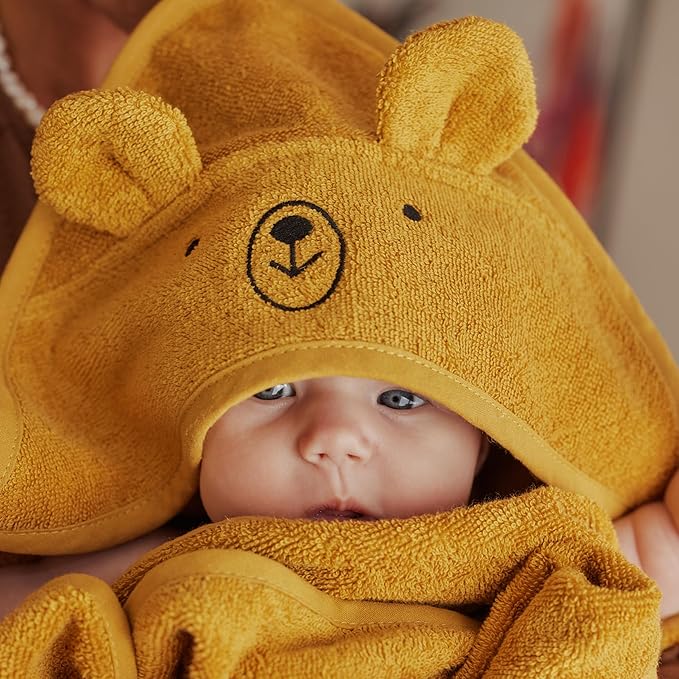 Hooded Baby Towel – 100% Organic Cotton Baby Bath Towels – Baby Boy and Girl Newborn Essentials - Super-Soft and Absorbent. (Bear - Autum Yellov)