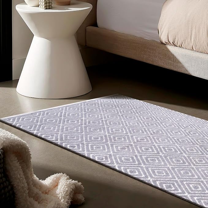 Ramanta Home 100% Cotton Diamond Handwoven Reversible Rug 24x60 Inch– Grey| Soft Washable Area Rug for Bathroom, Kitchen, Bedroom, Entryway | Durable Lightweight Handmade Accent Floor Mat | Boho Decor