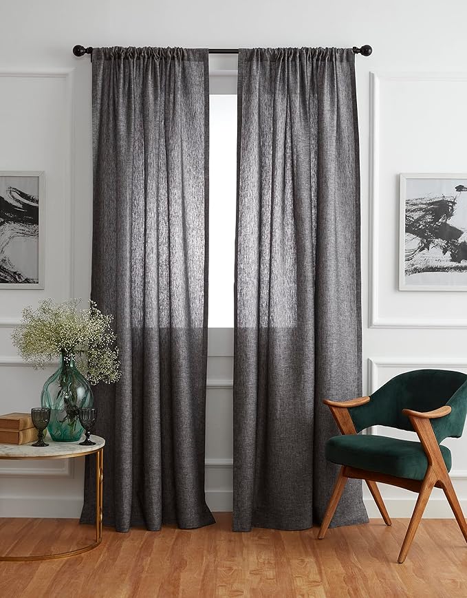 Solino Home European Flax Linen Curtain Chambray Black, 52 x 120 Inch Light Filtering Rod Pocket Curtain 120 Inches Long, 100% Pure Linen Window Treatment for Living Room, Bedroom - 1 Panel