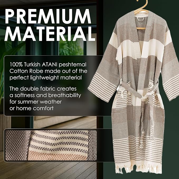 ATANI 100% Turkish Cotton Bathrobe S-XXL for Women & Men – Peshtemal Style Soft Cozy Lounge Robe, Absorbent & Lightweight