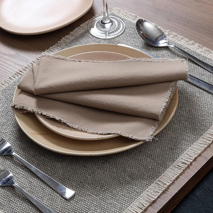Ramanta Home Cloth Napkins Set of 12 Desert Beige 18x18 Inch - Spring Soft & Durable Frayed Dinner Napkin for Easter Wedding, Birthday | Heavy Weight Fabric Table Linen for Everyday Use Family Dinners