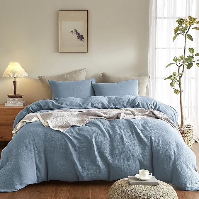 SE SOFTEXLY Muslin Duvet Cover King Size, 100% Washed Cotton Duvet Cover Set, Ultra Soft Comforter Cover Linen Like, 3 Pieces Minimalist Gauze Duvet Cover with 2 Pillowcases, 90"x104", Blue