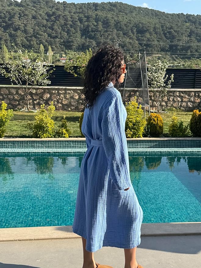 Muslin Unisex Bathrobe Women & Men, 100% Cotton Kimono Lightweight Robe | Long Robes Soft, Absorbent, Spa robes