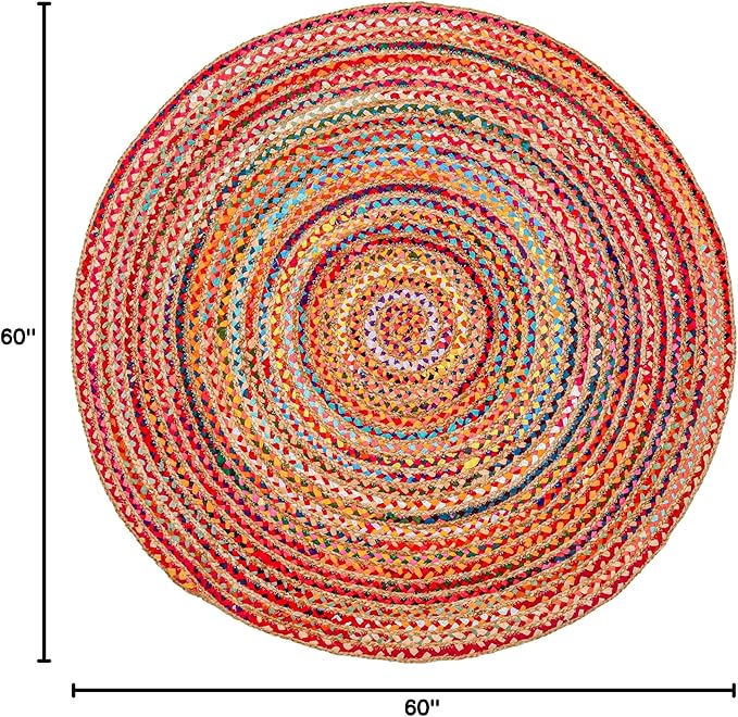 Hausattire Bohemian Braided Rug 5' Round - Multi Color, Rustic Hand Woven Rag Rugs for Kitchen, Kids Bedroom, Living Room | Colorful Farmhouse Pet Friendly Reversible Decorative Carpet