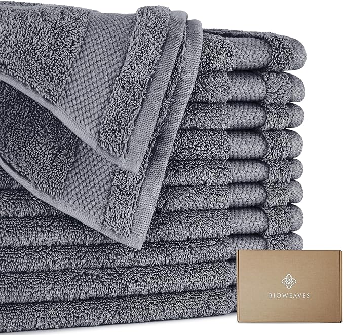 BIOWEAVES 100% Organic Cotton 700 GSM Plush Washcloths 13" x 13" GOTS Certified - Charcoal, Pack of 12