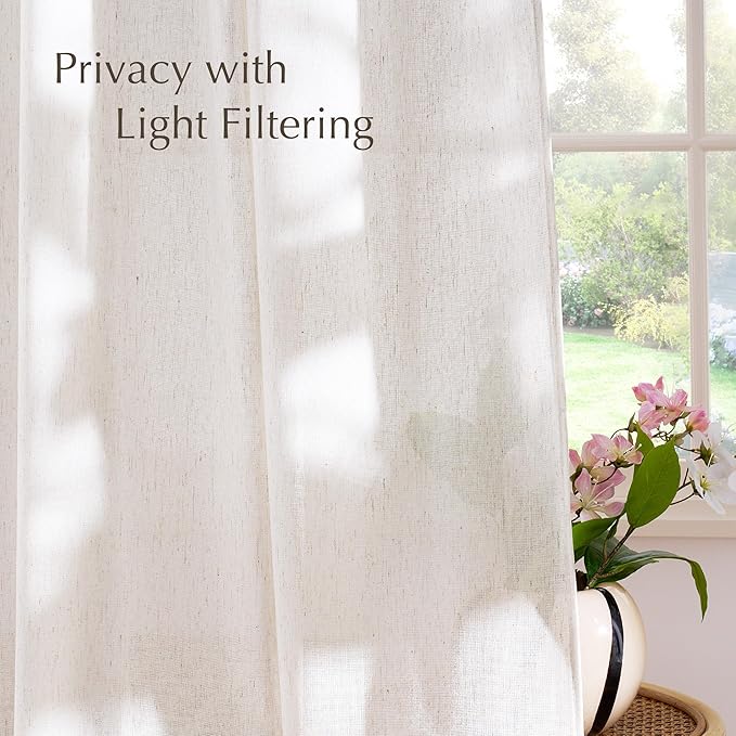 NICETOWN Linen Semi Sheer Curtains 72 inches Long, Rod Pocket & Back Tab Thick Flax Linen Weave Drapes Privacy Added with Light Filtering for Bedroom/Farmhouse, Cream, W55 x L72, 2 Panels