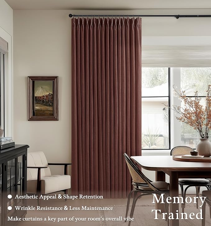 120 Inches Thick Linen Pleated Curtains 2 Panels Extra Long Chestnut Brown Country Light Filtering Drapes with Ceiling Track System Dark Terracotta Back Tab Window Curtain for Living Room Bedroom