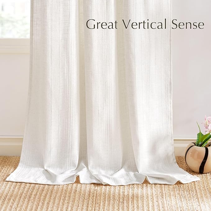 NICETOWN Natural Boho Linen Curtains 96 inches Long, Jacquard Weave Privacy Light Filtering Drapes for Bedroom/Living Room, W52 x L96, 2 Panels