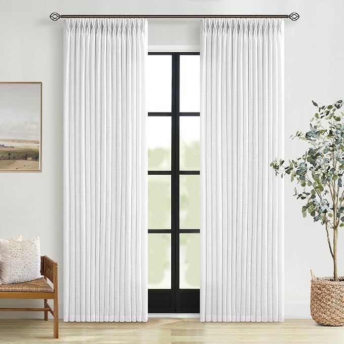 White Linen Curtains 102 Inches Long for Living Room Pinch Pleated Drape with Hooks Rings for Track System Back Tab Light Filtering 102 Inch Curtain for Bedroom Sliding Patio Door 2 Panels 50x102