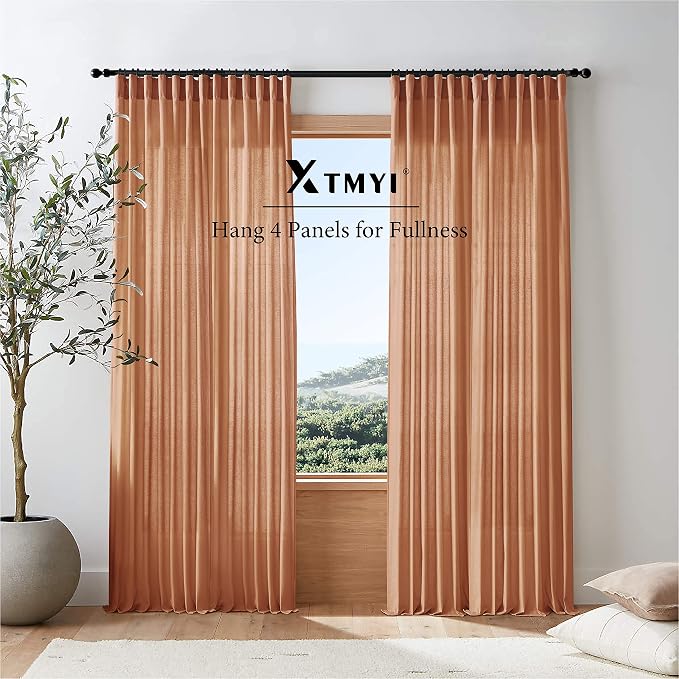 XTMYI Bohemian Rustic Curtains for Living Room Decor 2 Panel Set Linen Cotton Sheer Back Tab Hooks Pleated Fall Curtains for Bedroom Window,Pale Copper Rust Terracotta,96 Inch Long