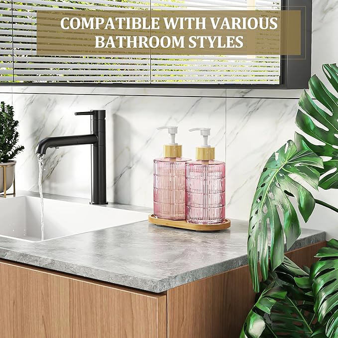 MASADI Soap Dispenser Set with Bamboo Tray, Dish and Hand Soap Lotion Dispenser Set with Wooden Pump for Kitchen and Bathroom Decor for Counter, Modern Vintage Liquid Soap Dispensers (Pink&Bamboo)