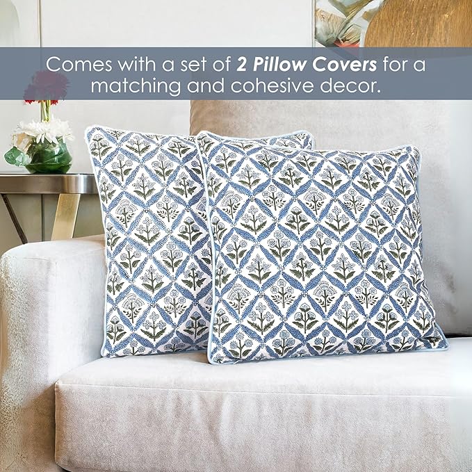 SheetKart Cotton Throw Pillow Covers - Set of 2 - Hand Block Cotton Printed Boho Decorative Pillow Covers - Cushion Covers for Living Room, Bohemian Theme, 17x17 Inches, Floral Blue