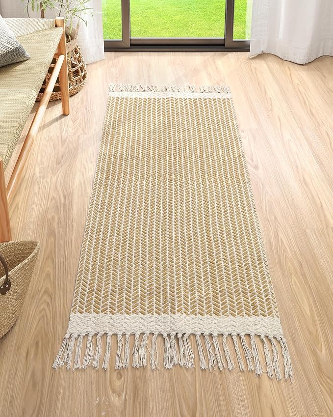 Lahome Belle Boho Kitchen Runner, 2x4.3 Bathroom Runner Rug Lightweight Entryway Rugs Woven Cotton Throw Mat with Tassels, Farmhouse Non Shedding Washable Low Pile Runners for Bedroom Doorway, Khaki