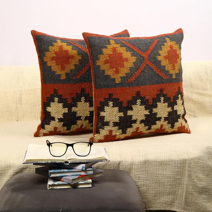 Trade Star 70% Jute 30% Wool Set of 2 Throw Pillow Covers Kilim Cushion Cover Handloomed Rug Decorative Cushion case 18x18 Inches Handwoven Pillowcase (Kilim 16)