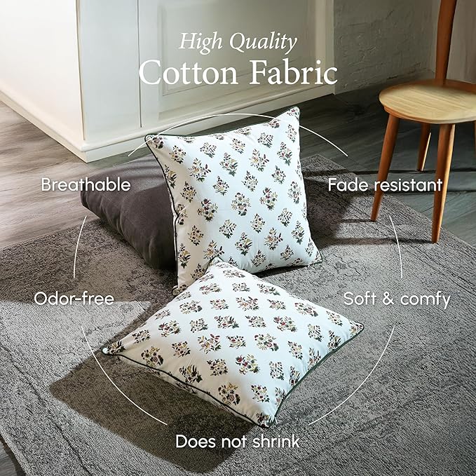CPC 100% Cotton Throw Pillow Covers 24x24 Inch, Set of 2 Green Block Print Pattern Couch Pillow, Cute Boho Decorative Pillows for Living Room, Bedroom with Hidden Zipper- Fall Green