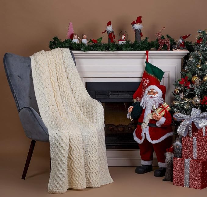 SAOL Honeycomb and Cable Knit Patterns 100% Irish Merino Wool Aran Throw/Blanket 60 x 40 inches (Natural)