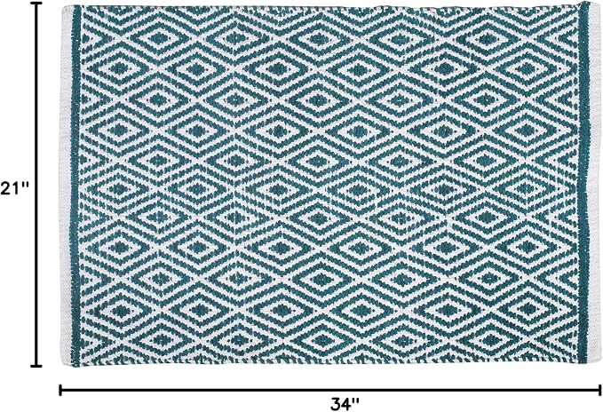 Chenille Cotton Diamond Rug 21x34 Inches - Teal, Reversible Small Soft Washable Front Door Mat Ideal for Kitchen, Entryway, Bathroom | Green Farmhouse Boho Accent Indoor Throw Rugs for Patio