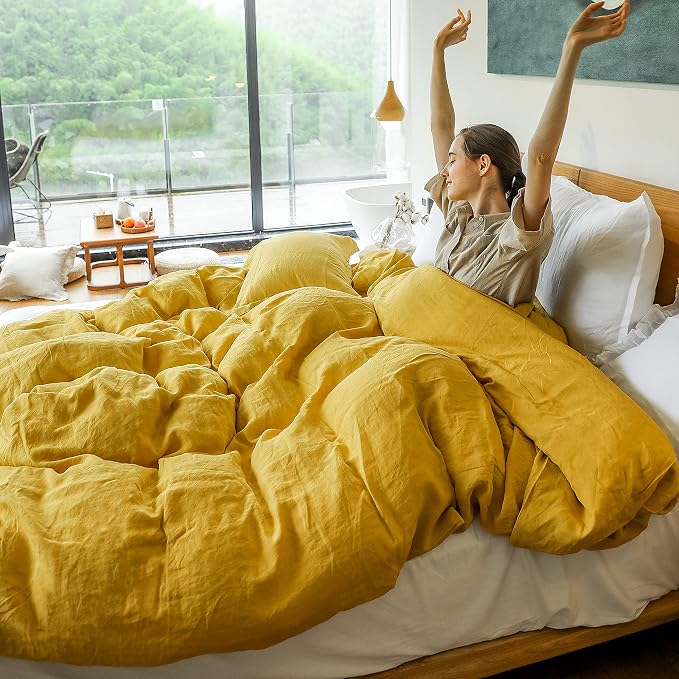 Simple&Opulence 100% Linen Duvet Cover Set 3pcs with Coconut Button Closure Natural French Washed Flax Solid Color Soft Breathable Farmhouse Bedding - Mustard Yellow, King Size